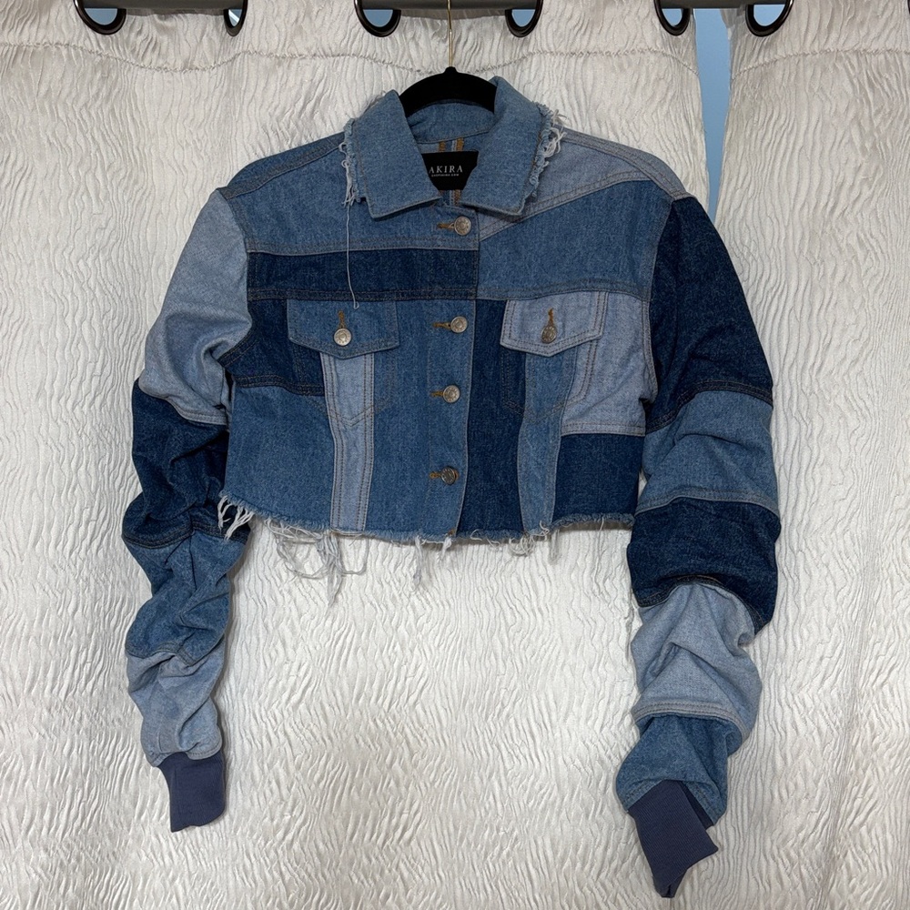 Akira Patchwork Cropped Denim Jacket - Mixed Blue… - image 1